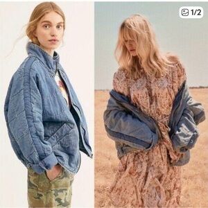 Free People Light Blue Quilted Denim Jacket Rare